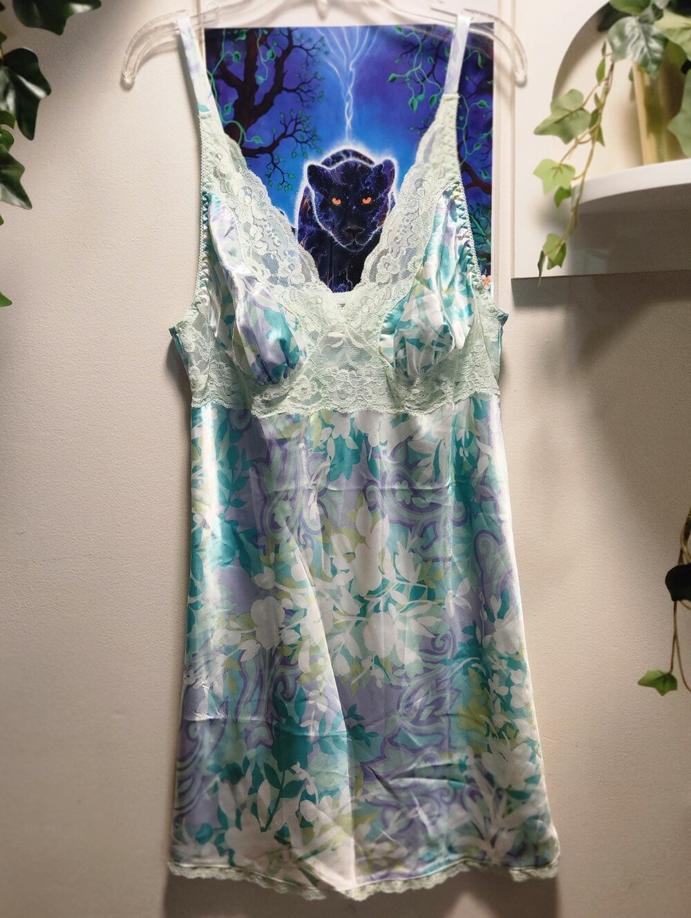 Lace Trimmed Chemise - Blue and Green Floral